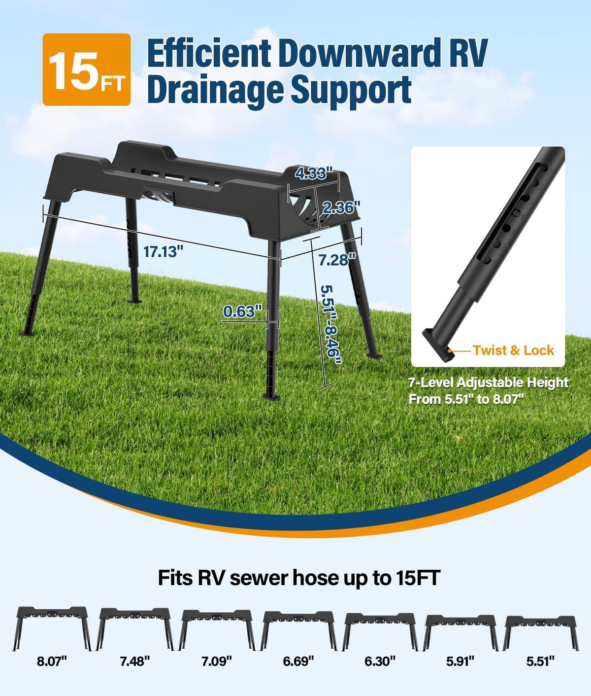 RV Sewer Hose Support, 15FT Heavy-Duty Camper Waste Hose Holder with 7 Foldable Sections, Adjustable & Stable Waste Drainage Support with Strap, Stackable & Weather-Resistant (Patent Pending)