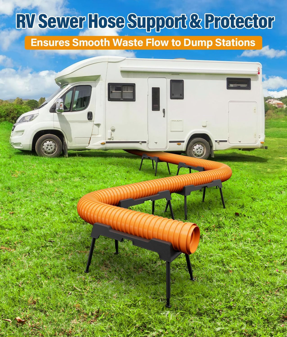 RV Sewer Hose Support, 15FT Heavy-Duty Camper Waste Hose Holder with 7 Foldable Sections, Adjustable & Stable Waste Drainage Support with Strap, Stackable & Weather-Resistant (Patent Pending)