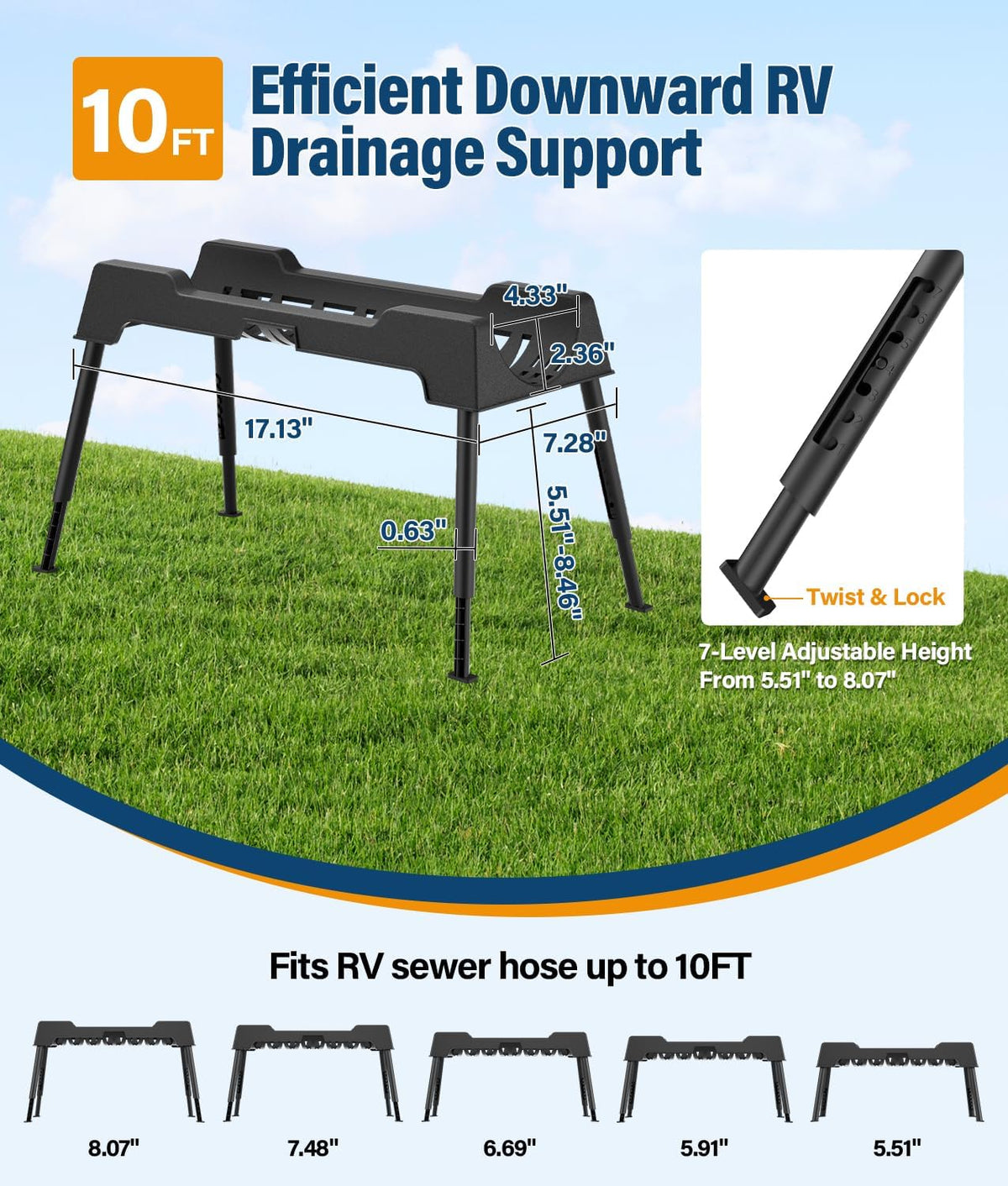 RV Sewer Hose Support, 15FT Heavy-Duty Camper Waste Hose Holder with 7 Foldable Sections, Adjustable & Stable Waste Drainage Support with Strap, Stackable & Weather-Resistant (Patent Pending)