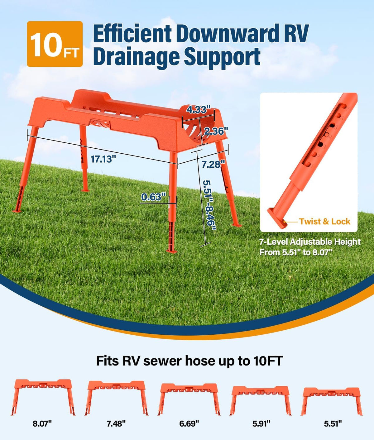 RV Sewer Hose Support, 15FT Heavy-Duty Camper Waste Hose Holder with 7 Foldable Sections, Adjustable & Stable Waste Drainage Support with Strap, Stackable & Weather-Resistant (Patent Pending)