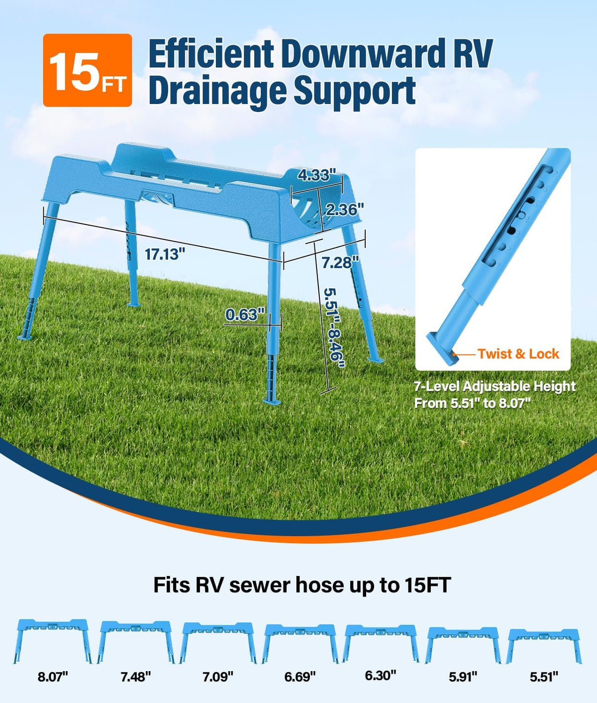 RV Sewer Hose Support, 15FT Heavy-Duty Camper Waste Hose Holder with 7 Foldable Sections, Adjustable & Stable Waste Drainage Support with Strap, Stackable & Weather-Resistant (Patent Pending)