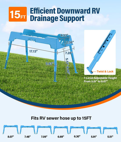 RV Sewer Hose Support, 15FT Heavy-Duty Camper Waste Hose Holder with 7 Foldable Sections, Adjustable & Stable Waste Drainage Support with Strap, Stackable & Weather-Resistant (Patent Pending)