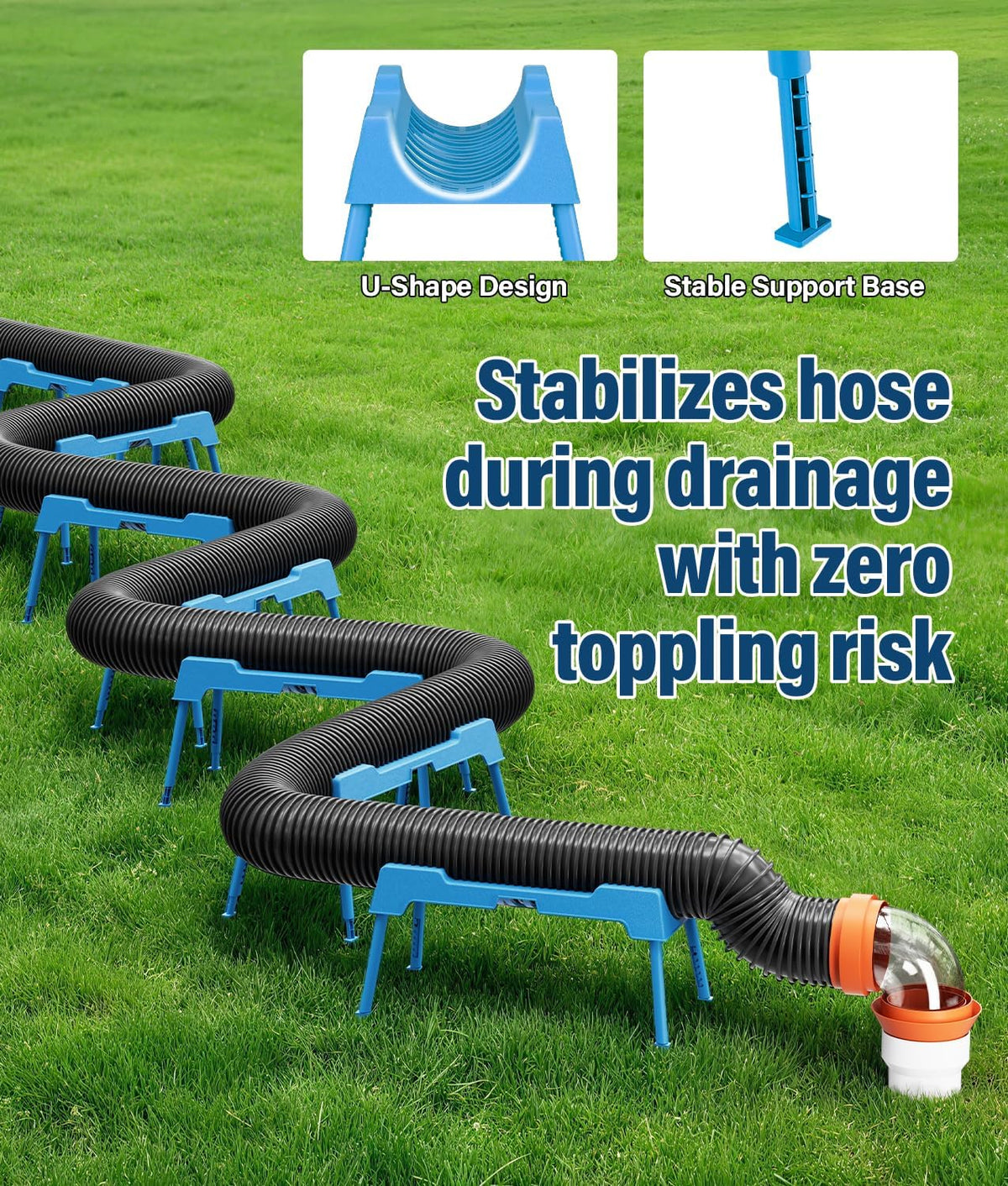 RV Sewer Hose Support, 15FT Heavy-Duty Camper Waste Hose Holder with 7 Foldable Sections, Adjustable & Stable Waste Drainage Support with Strap, Stackable & Weather-Resistant (Patent Pending)