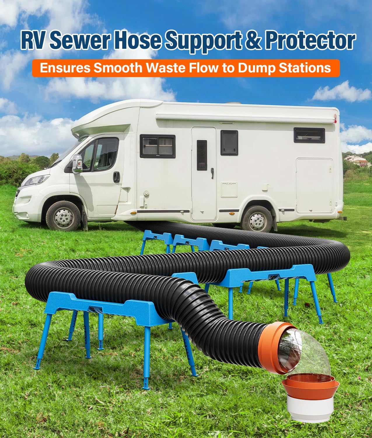 RV Sewer Hose Support, 15FT Heavy-Duty Camper Waste Hose Holder with 7 Foldable Sections, Adjustable & Stable Waste Drainage Support with Strap, Stackable & Weather-Resistant (Patent Pending)