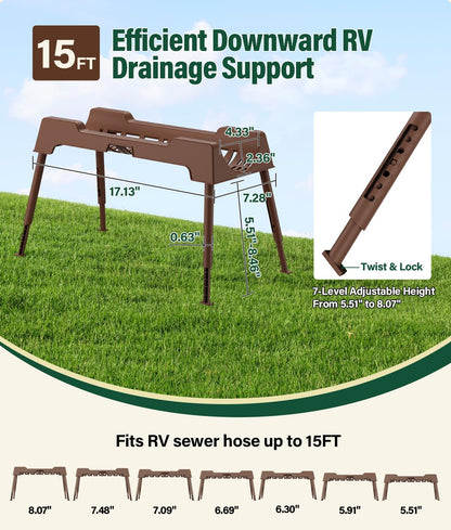 RV Sewer Hose Support, 15FT Heavy-Duty Camper Waste Hose Holder with 7 Foldable Sections, Adjustable & Stable Waste Drainage Support with Strap, Stackable & Weather-Resistant (Patent Pending)