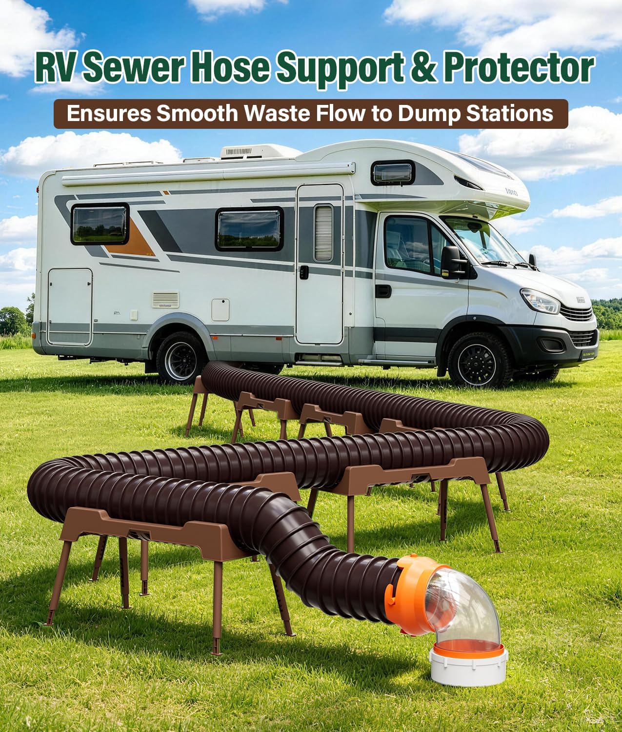 RV Sewer Hose Support, 15FT Heavy-Duty Camper Waste Hose Holder with 7 Foldable Sections, Adjustable & Stable Waste Drainage Support with Strap, Stackable & Weather-Resistant (Patent Pending)