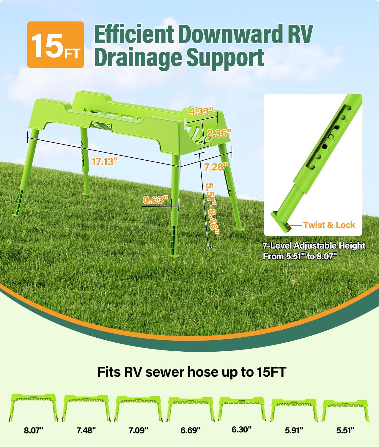 RV Sewer Hose Support, 15FT Heavy-Duty Camper Waste Hose Holder with 7 Foldable Sections, Adjustable & Stable Waste Drainage Support with Strap, Stackable & Weather-Resistant (Patent Pending)