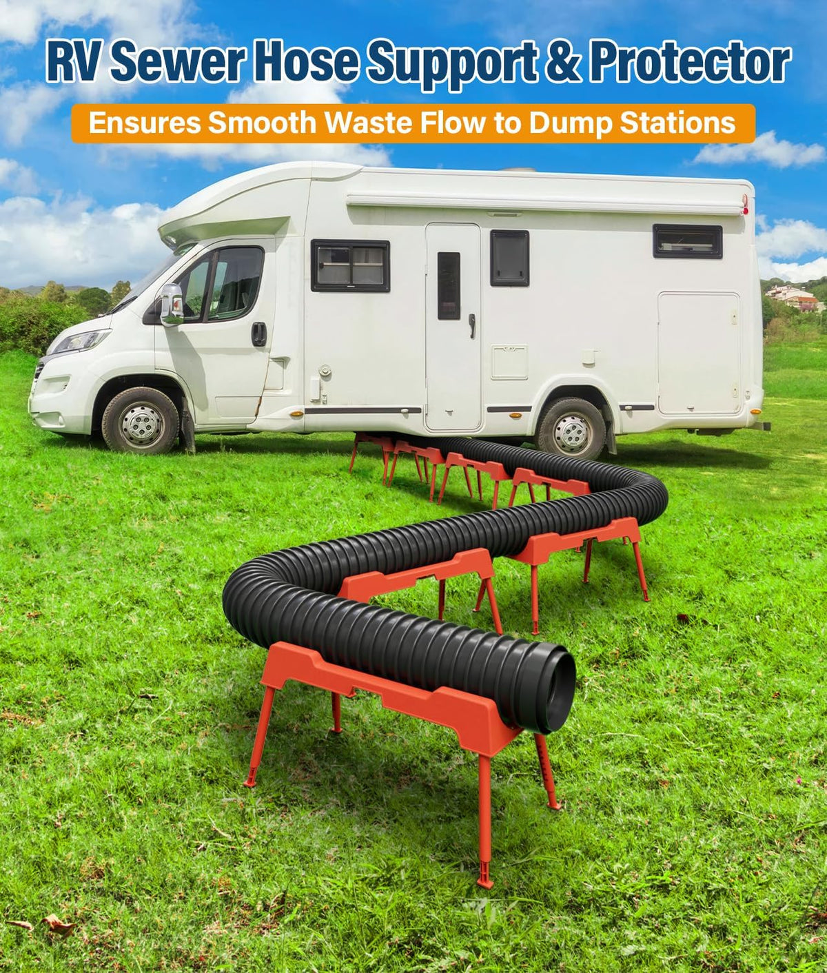 RV Sewer Hose Support, 15FT Heavy-Duty Camper Waste Hose Holder with 7 Foldable Sections, Adjustable & Stable Waste Drainage Support with Strap, Stackable & Weather-Resistant (Patent Pending)