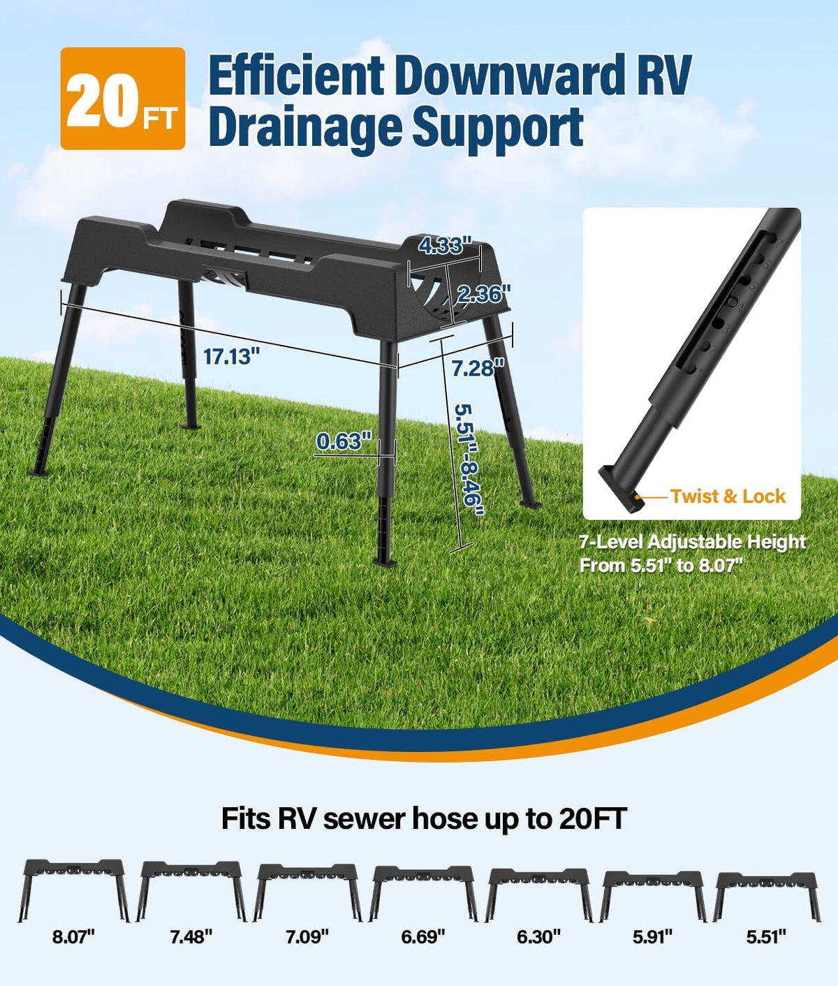 RV Sewer Hose Support, 15FT Heavy-Duty Camper Waste Hose Holder with 7 Foldable Sections, Adjustable & Stable Waste Drainage Support with Strap, Stackable & Weather-Resistant (Patent Pending)