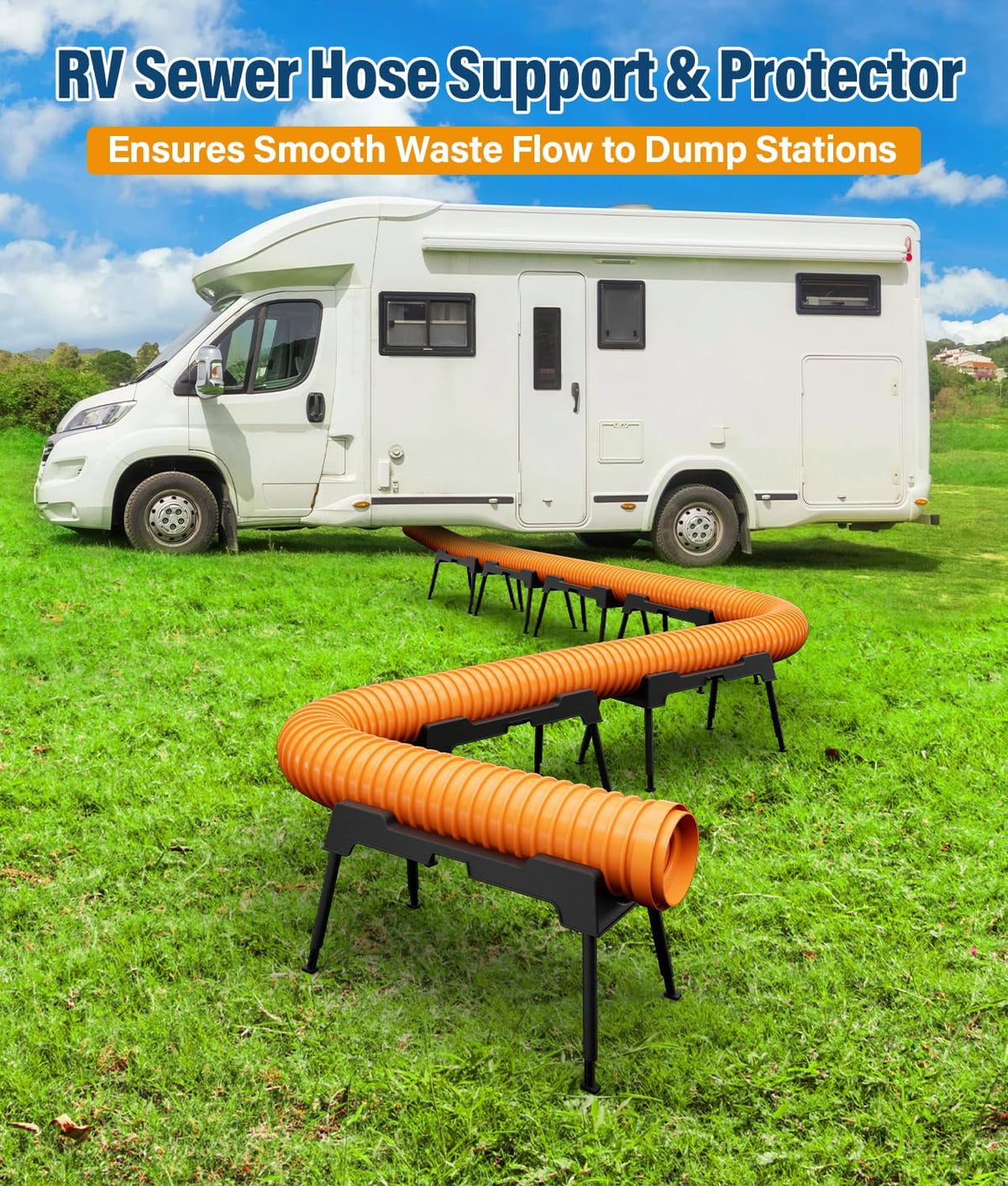 RV Sewer Hose Support, 15FT Heavy-Duty Camper Waste Hose Holder with 7 Foldable Sections, Adjustable & Stable Waste Drainage Support with Strap, Stackable & Weather-Resistant (Patent Pending)
