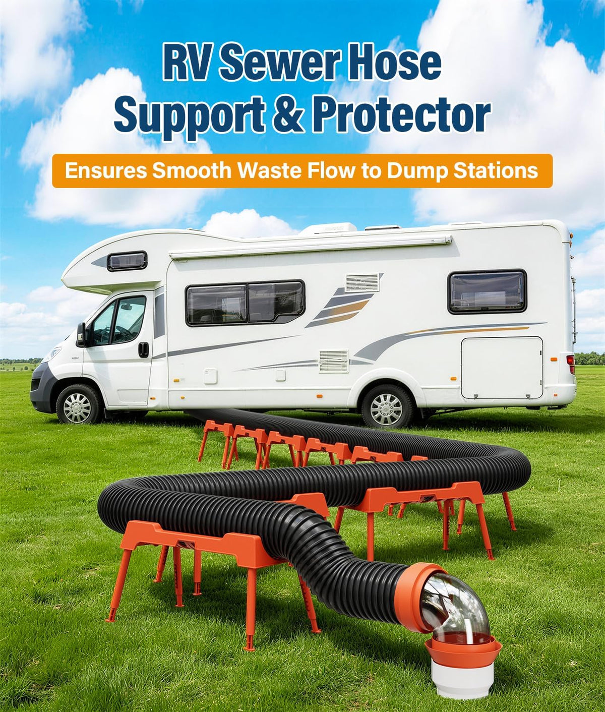 RV Sewer Hose Support, 15FT Heavy-Duty Camper Waste Hose Holder with 7 Foldable Sections, Adjustable & Stable Waste Drainage Support with Strap, Stackable & Weather-Resistant (Patent Pending)
