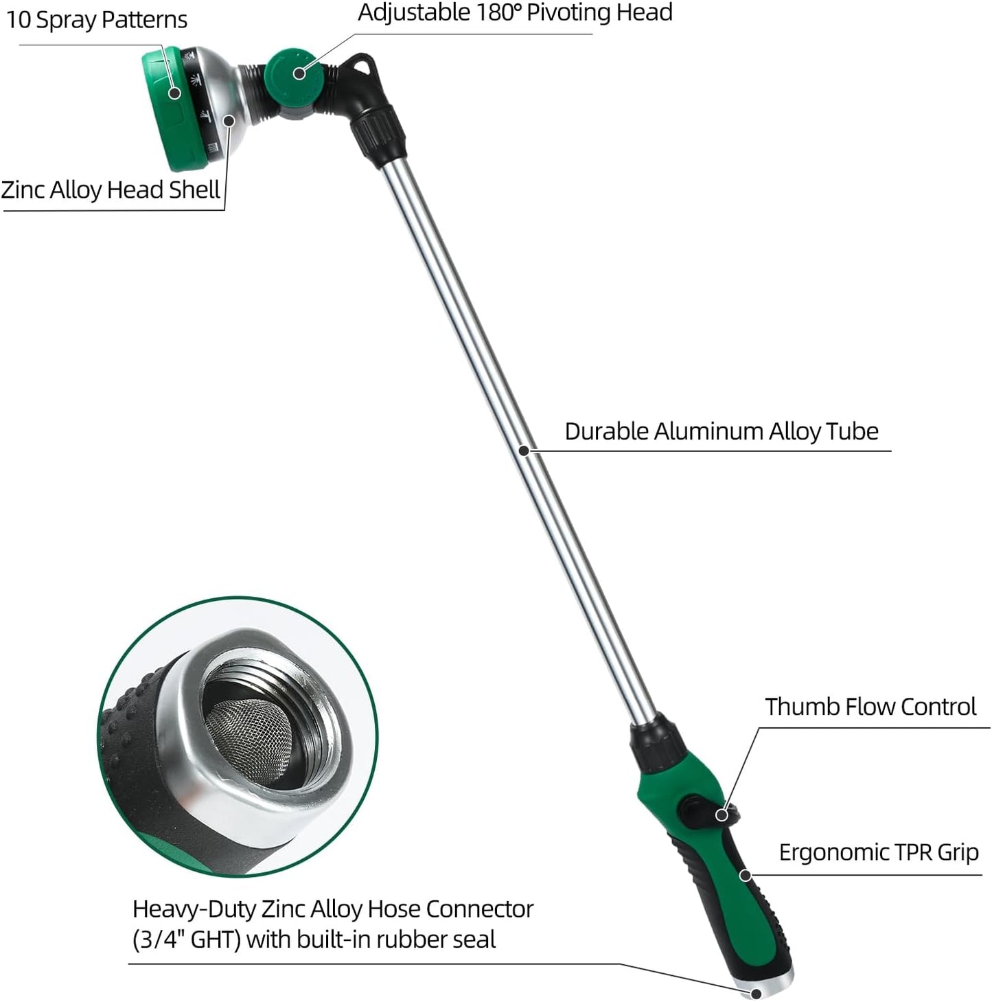 Watering Wand for Garden Hose, 24 Inch, Heavy Duty, 10 Spray Patterns, Thumb Control Hose Nozzle with 180° Pivoting Head, Ideal for Hanging Baskets, Plants and Shrubs