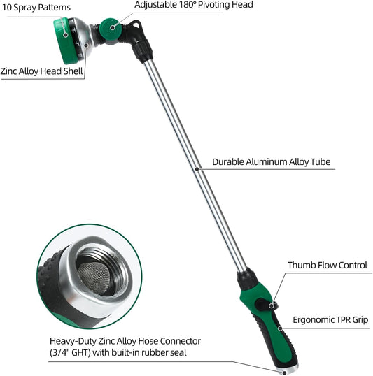Watering Wand for Garden Hose, 24 Inch, Heavy Duty, 10 Spray Patterns, Thumb Control Hose Nozzle with 180° Pivoting Head, Ideal for Hanging Baskets, Plants and Shrubs