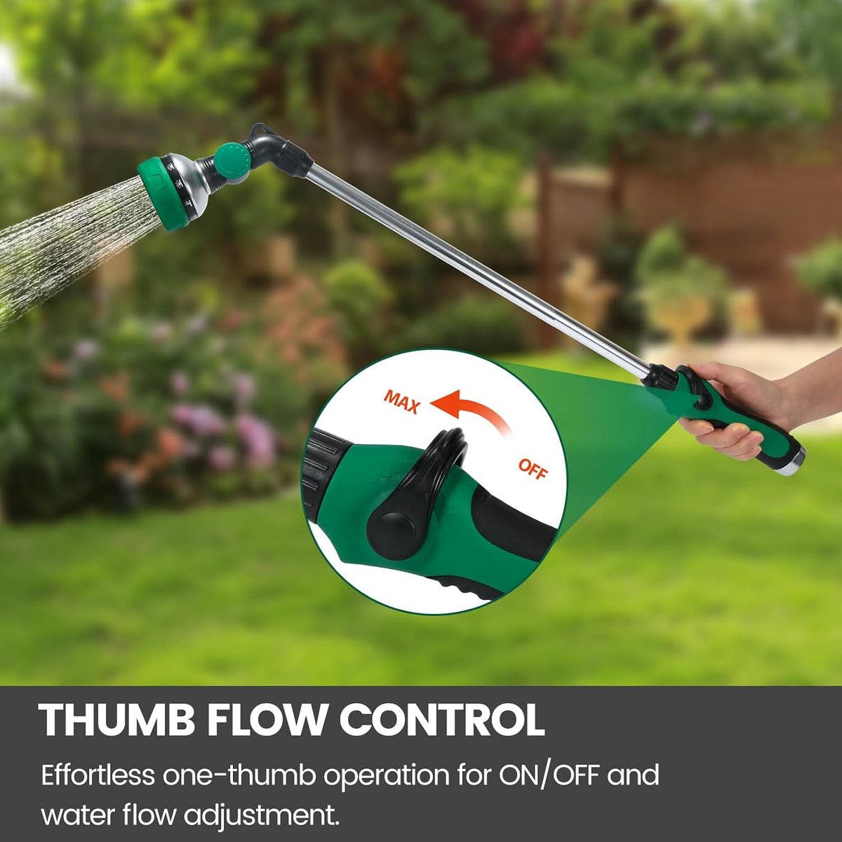 Watering Wand for Garden Hose, 24 Inch, Heavy Duty, 10 Spray Patterns, Thumb Control Hose Nozzle with 180° Pivoting Head, Ideal for Hanging Baskets, Plants and Shrubs