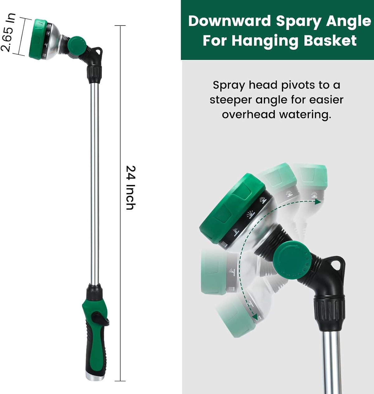Watering Wand for Garden Hose, 24 Inch, Heavy Duty, 10 Spray Patterns, Thumb Control Hose Nozzle with 180° Pivoting Head, Ideal for Hanging Baskets, Plants and Shrubs