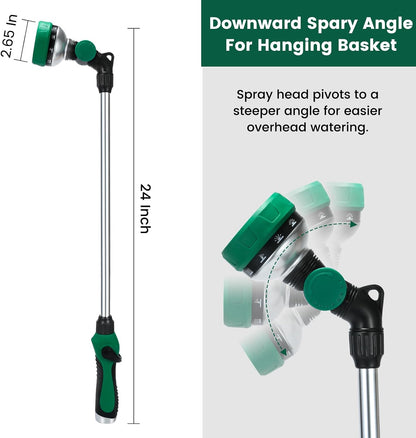 Watering Wand for Garden Hose, 24 Inch, Heavy Duty, 10 Spray Patterns, Thumb Control Hose Nozzle with 180° Pivoting Head, Ideal for Hanging Baskets, Plants and Shrubs