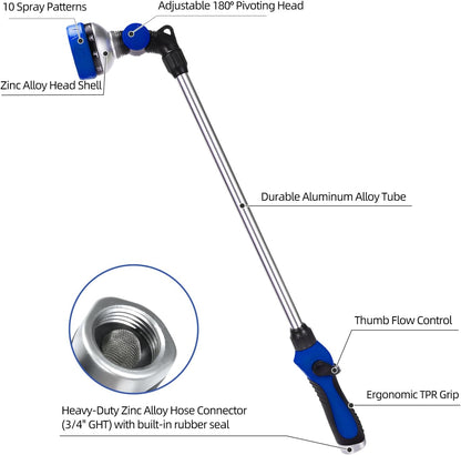 Watering Wand for Garden Hose, 24 Inch, Heavy Duty, 10 Spray Patterns, Thumb Control Hose Nozzle with 180° Pivoting Head, Ideal for Hanging Baskets, Plants and Shrubs