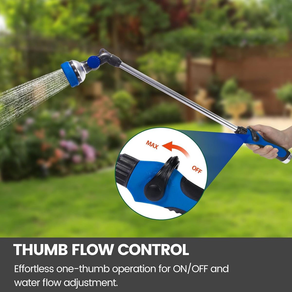 Watering Wand for Garden Hose, 24 Inch, Heavy Duty, 10 Spray Patterns, Thumb Control Hose Nozzle with 180° Pivoting Head, Ideal for Hanging Baskets, Plants and Shrubs