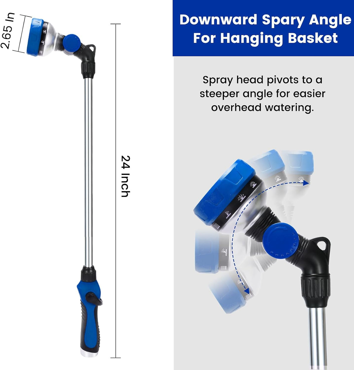 Watering Wand for Garden Hose, 24 Inch, Heavy Duty, 10 Spray Patterns, Thumb Control Hose Nozzle with 180° Pivoting Head, Ideal for Hanging Baskets, Plants and Shrubs