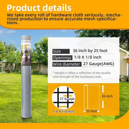 AggFencer 16in x 10ft Hardware Cloth 1/8 inch 27Ga Chicken Coop Wire Fence