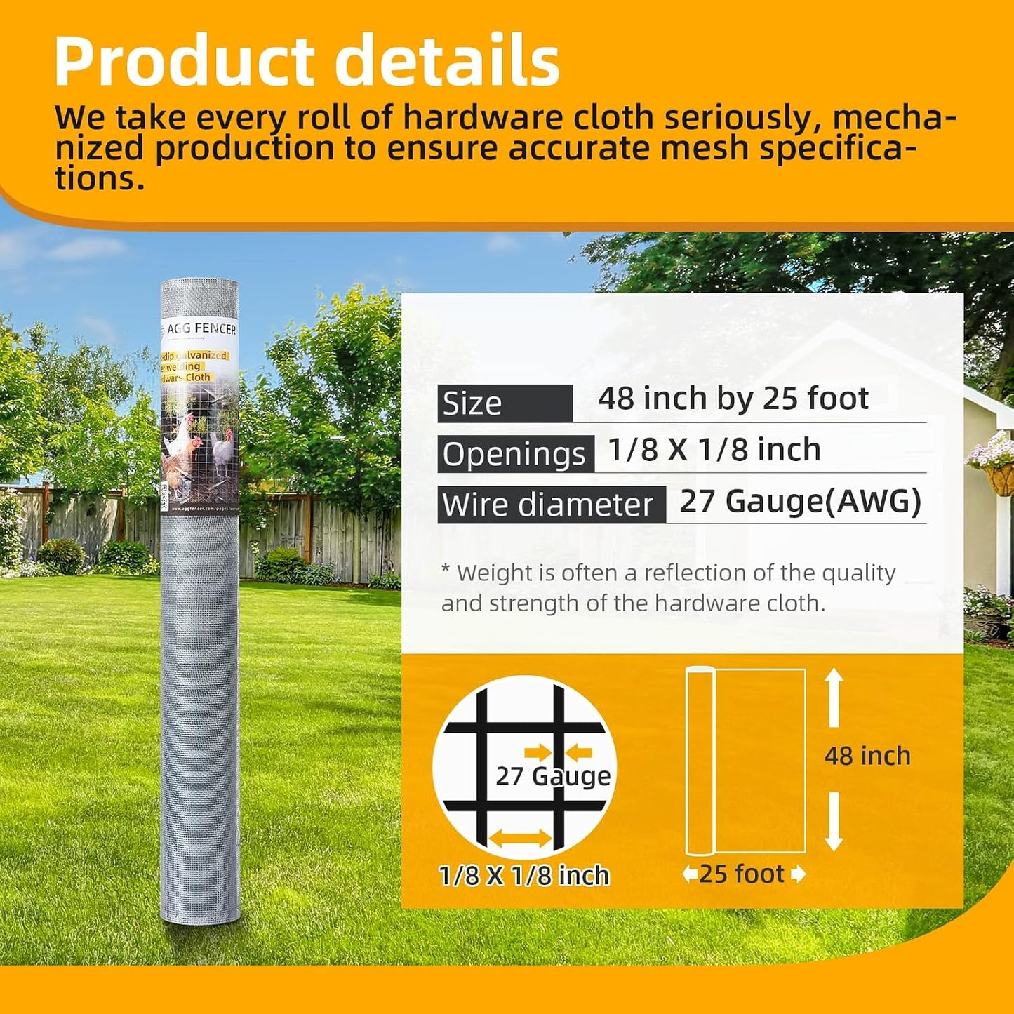 AggFencer 16in x 10ft Hardware Cloth 1/8 inch 27Ga Chicken Coop Wire Fence