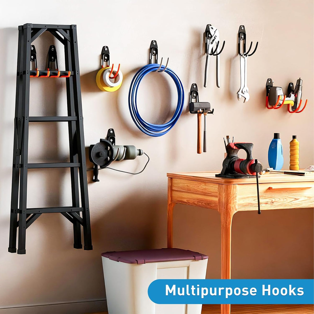 Garage Storage Utility Hooks，Garage Garden Tool Organizer，Steel Wall Mount Hooks, Large Garden U Hooks （2 Pack） (Type-2-Black)