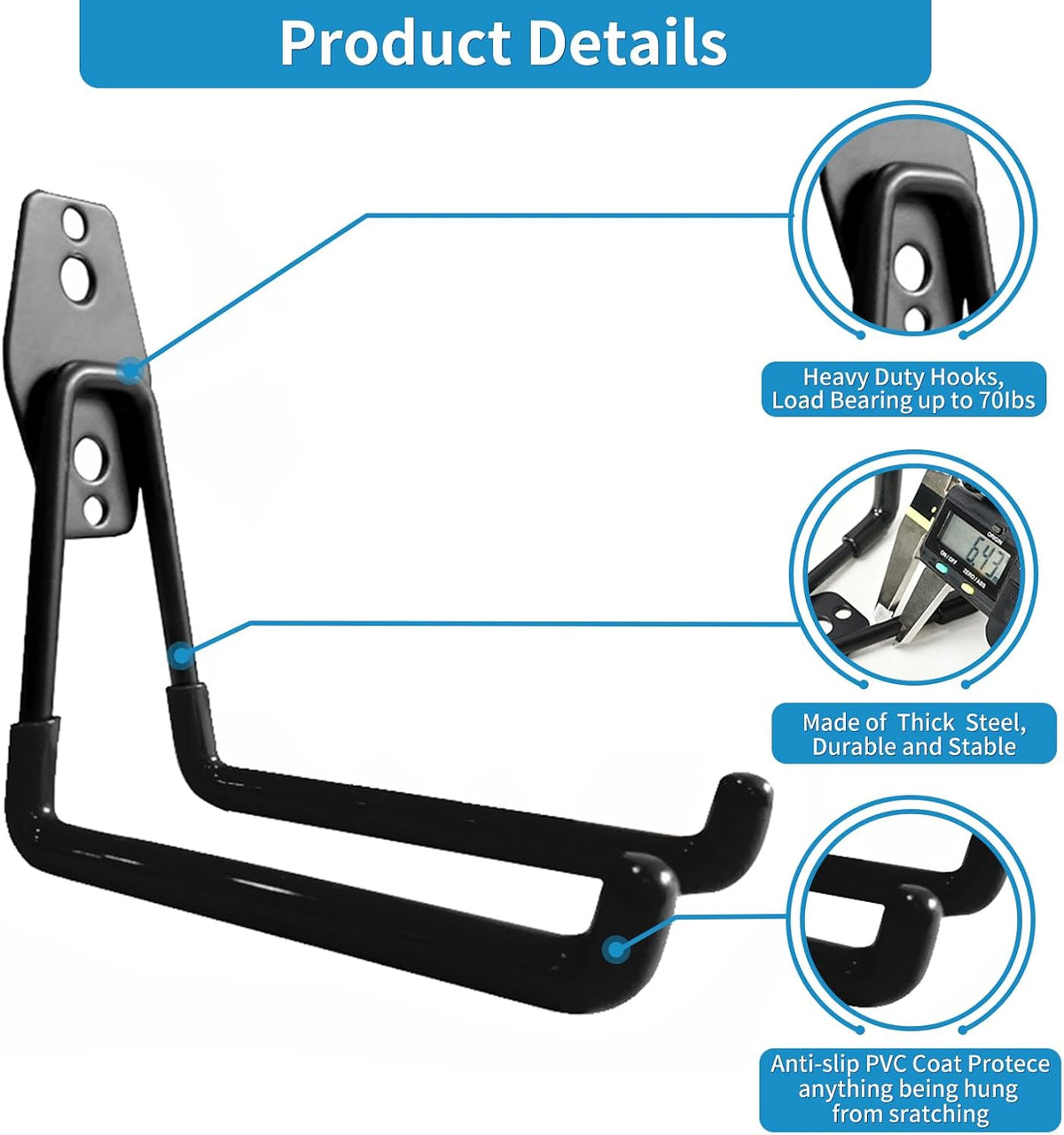 Garage Storage Utility Hooks，Garage Garden Tool Organizer，Steel Wall Mount Hooks, Large Garden U Hooks （2 Pack） (Type-2-Black)