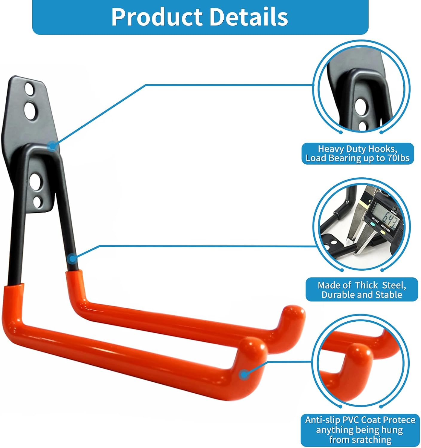 Garage Storage Utility Hooks，Garage Garden Tool Organizer，Steel Wall Mount Hooks, Large Garden U Hooks （2 Pack） (Type-2-Black)
