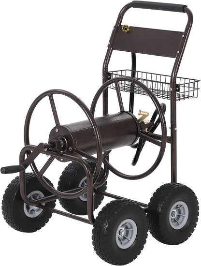 Hose Reel Cart, Hold Up to 300 ft of 5/8'' Hose, Garden Water Hose Cart with 4 Wheels, Freestanding Water Hose Reels with Storage Basket, Powder-Coated Steel Outdoor Planting for Garden, Yard, Lawn