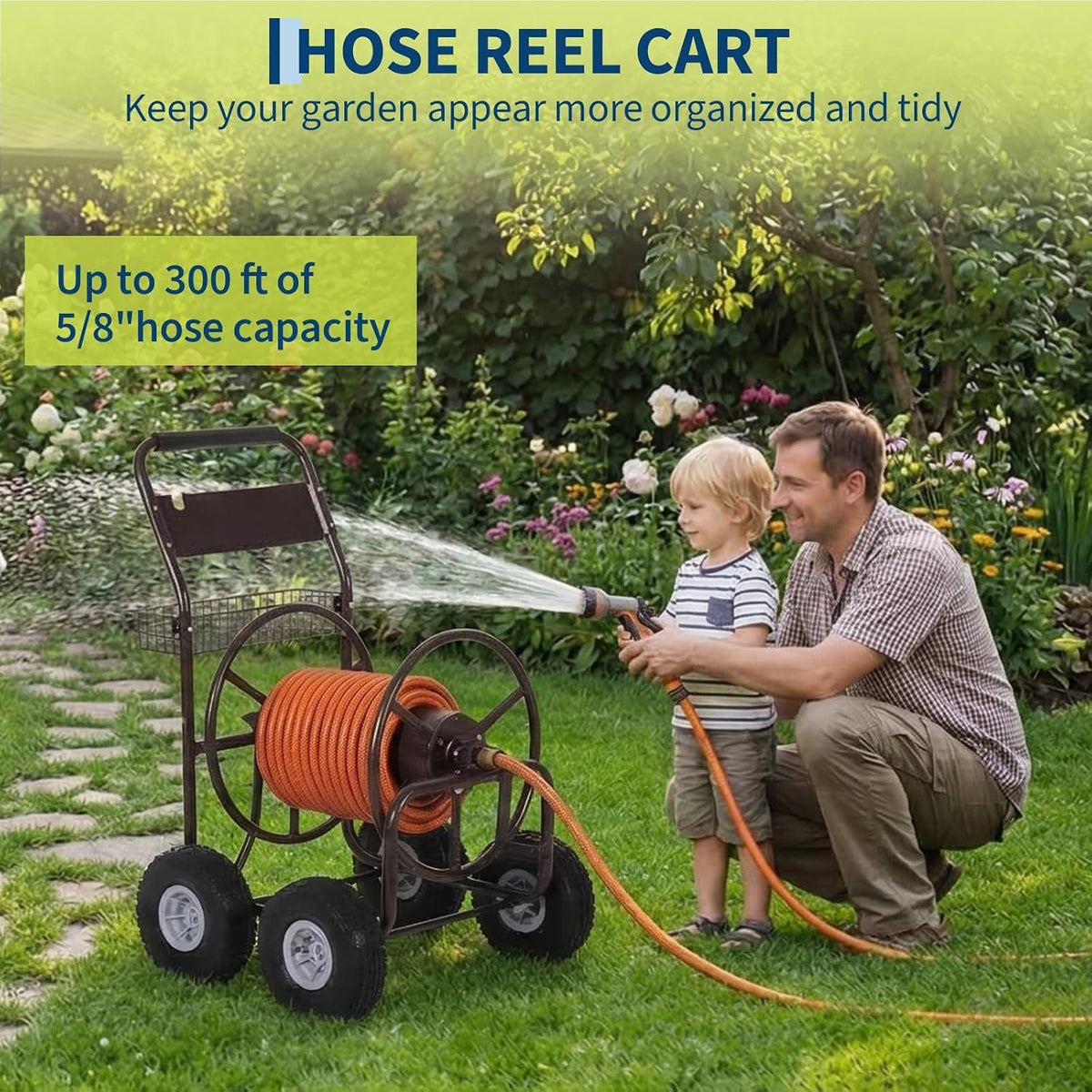 Hose Reel Cart, Hold Up to 300 ft of 5/8'' Hose, Garden Water Hose Cart with 4 Wheels, Freestanding Water Hose Reels with Storage Basket, Powder-Coated Steel Outdoor Planting for Garden, Yard, Lawn