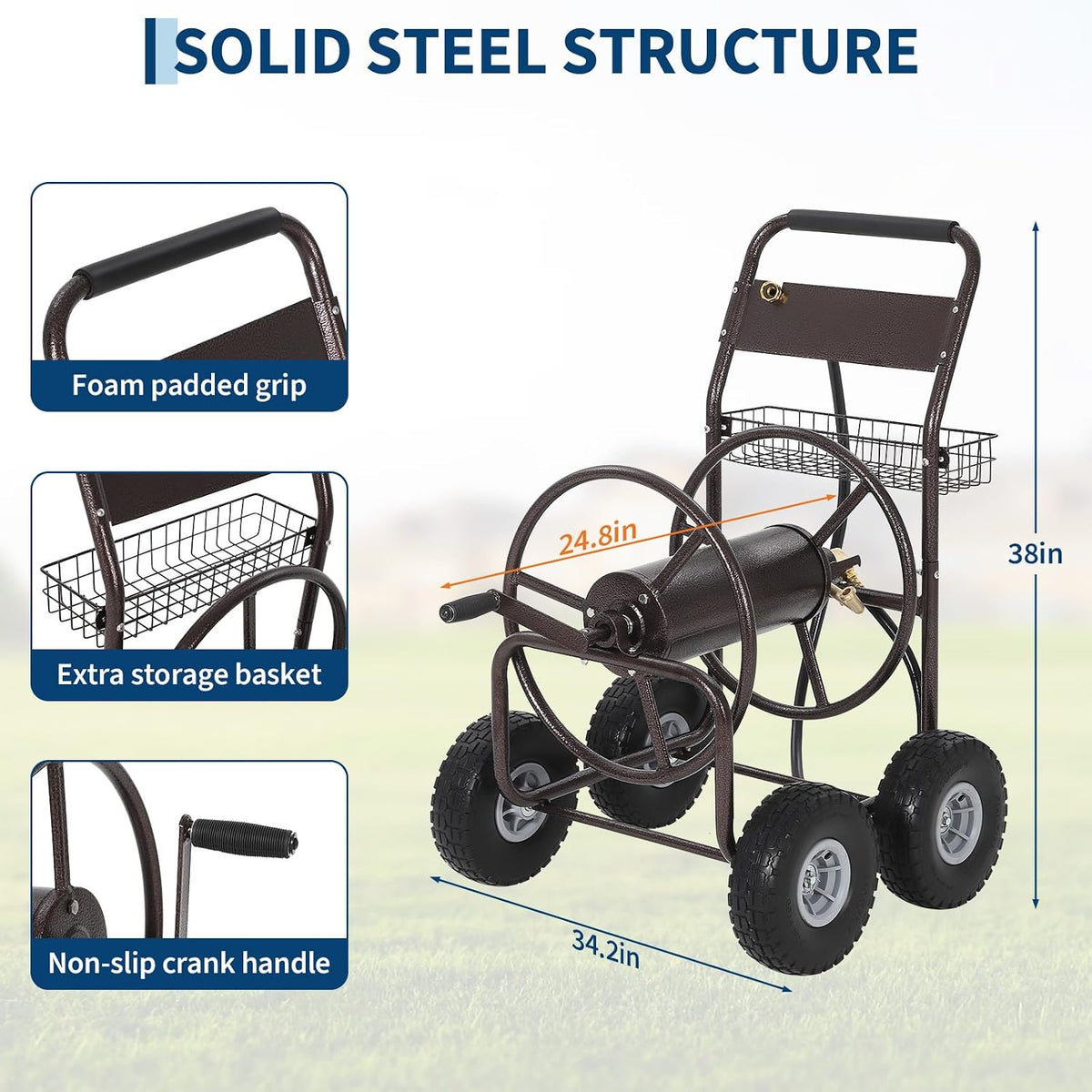 Hose Reel Cart, Hold Up to 300 ft of 5/8'' Hose, Garden Water Hose Cart with 4 Wheels, Freestanding Water Hose Reels with Storage Basket, Powder-Coated Steel Outdoor Planting for Garden, Yard, Lawn