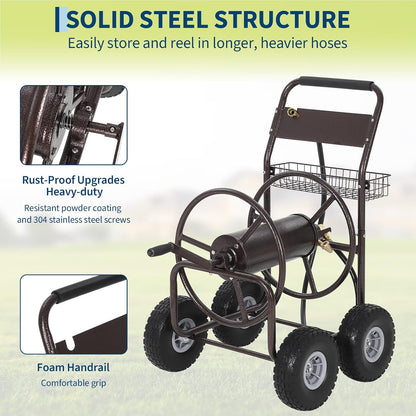 Hose Reel Cart, Hold Up to 300 ft of 5/8'' Hose, Garden Water Hose Cart with 4 Wheels, Freestanding Water Hose Reels with Storage Basket, Powder-Coated Steel Outdoor Planting for Garden, Yard, Lawn