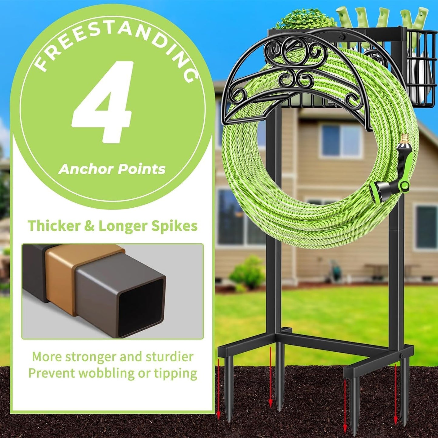 Garden Hose Holder, 4 Spikes Water Hose Hanger for 160FT Hose