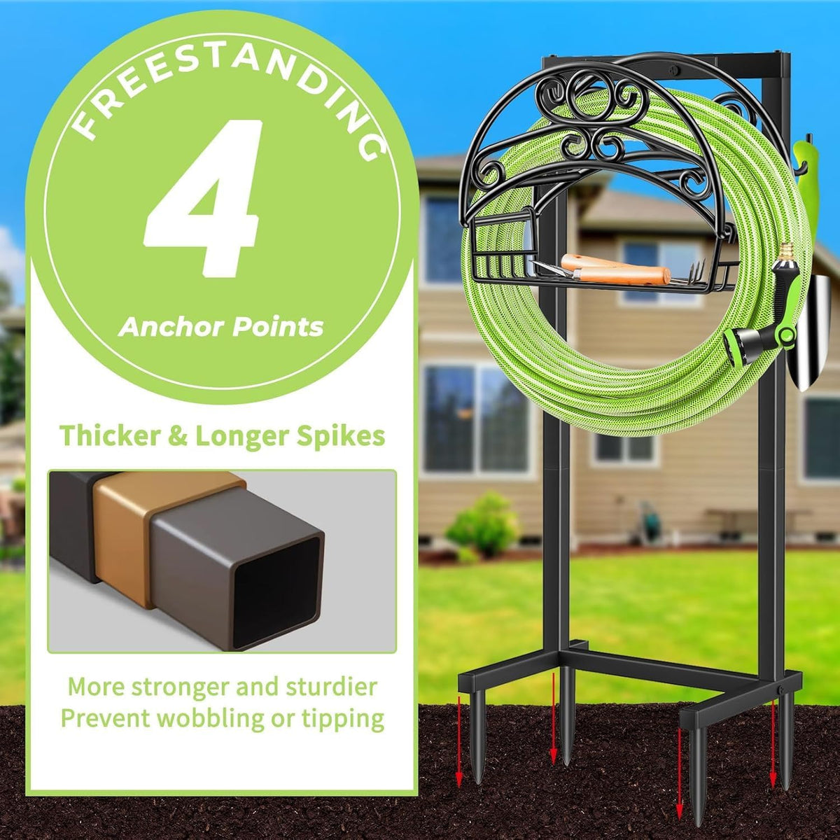 Garden Hose Holder, 4 Spikes Water Hose Hanger for 160FT Hose