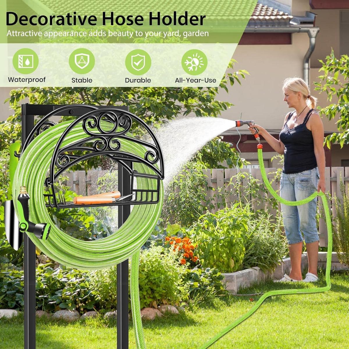 Garden Hose Holder, 4 Spikes Water Hose Hanger for 160FT Hose
