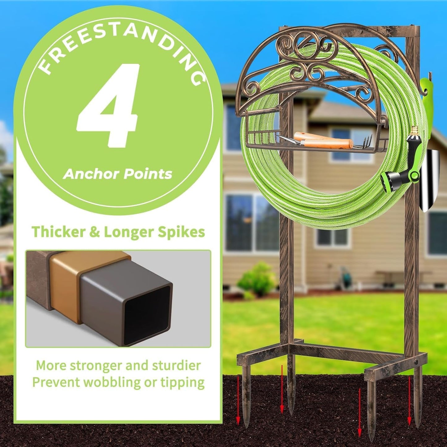 Garden Hose Holder, 4 Spikes Water Hose Hanger for 160FT Hose