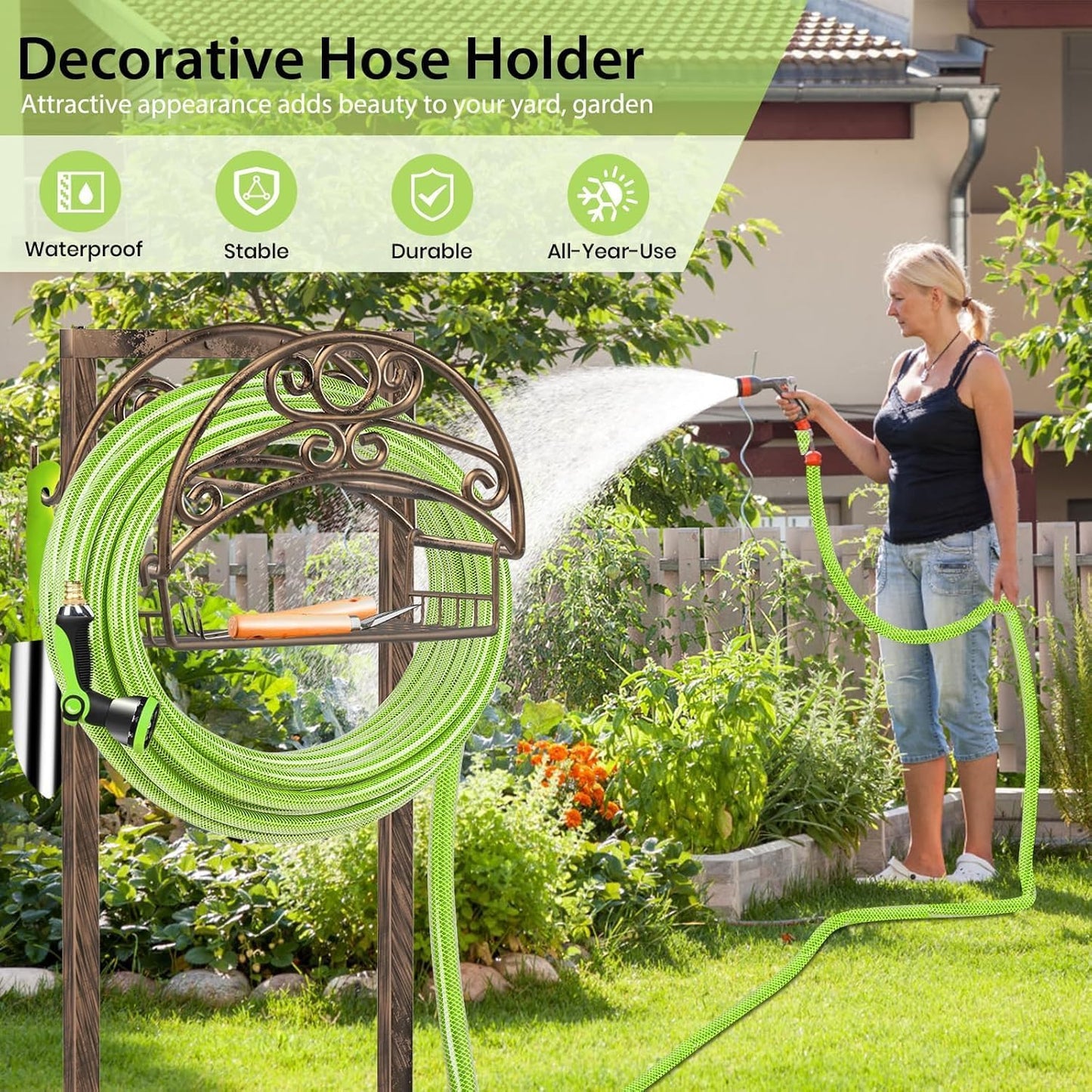 Garden Hose Holder, 4 Spikes Water Hose Hanger for 160FT Hose