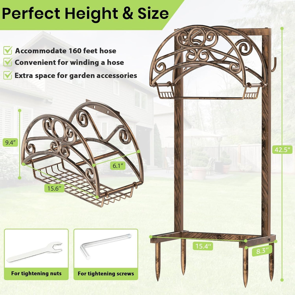 Garden Hose Holder, 4 Spikes Water Hose Hanger for 160FT Hose