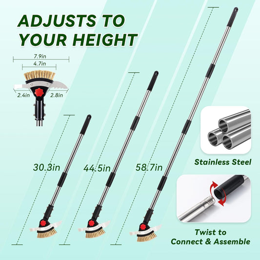 3-in-1 Heavy Duty Crack Weeder Tool, 59" Adjustable Long Handle, Stainless Steel Crevice Weed Puller and Moss Remover for Driveway, Patio, Sidewalk, Pavers and Deck Cracks