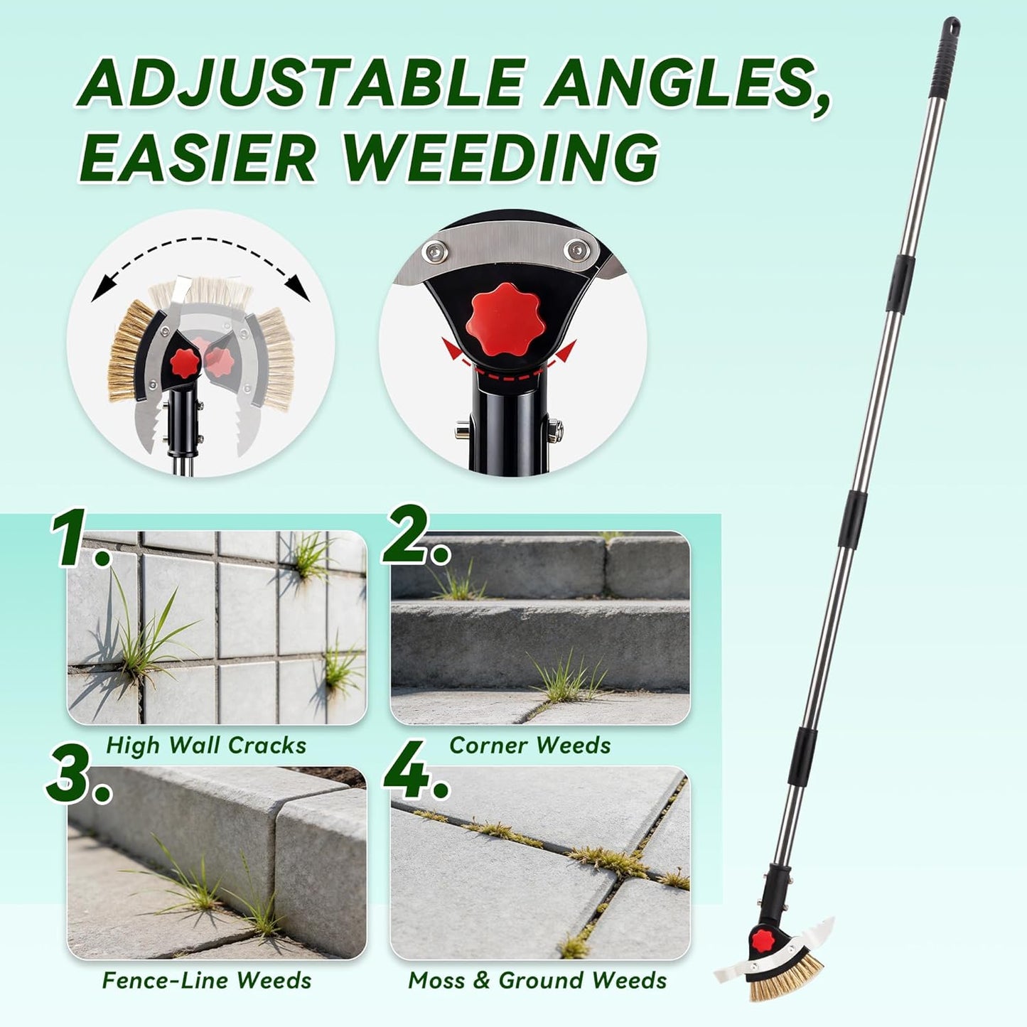 3-in-1 Heavy Duty Crack Weeder Tool, 59" Adjustable Long Handle, Stainless Steel Crevice Weed Puller and Moss Remover for Driveway, Patio, Sidewalk, Pavers and Deck Cracks