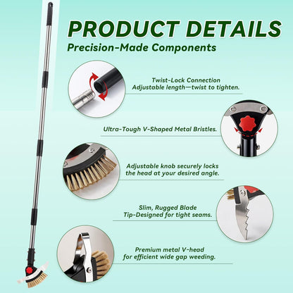 3-in-1 Heavy Duty Crack Weeder Tool, 59" Adjustable Long Handle, Stainless Steel Crevice Weed Puller and Moss Remover for Driveway, Patio, Sidewalk, Pavers and Deck Cracks