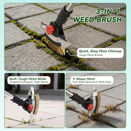3-in-1 Heavy Duty Crack Weeder Tool, 59" Adjustable Long Handle, Stainless Steel Crevice Weed Puller and Moss Remover for Driveway, Patio, Sidewalk, Pavers and Deck Cracks