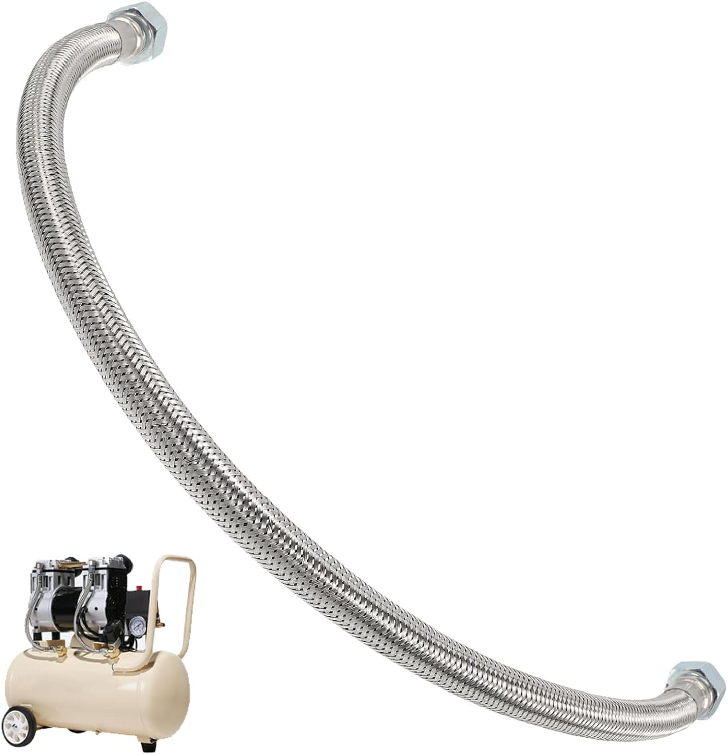 21" Stainless Steel Air Compressor Leader Hose, 3/8" NPT Fine Thread Flexible Pipe with Check Valve, Compatible Replacement Parts