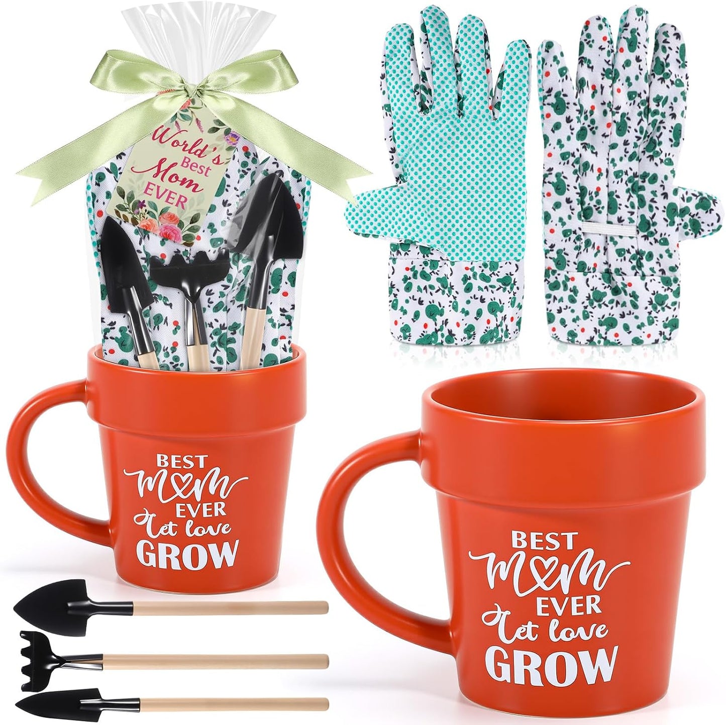Gardening Gifts for Women Plant Coffee Mug Gardening Tools Kit with Hand Fork Trowel Gloves Birthday Gift Spring Stuffers White Elephant Gifts for Adults Mom Plant Lovers Women