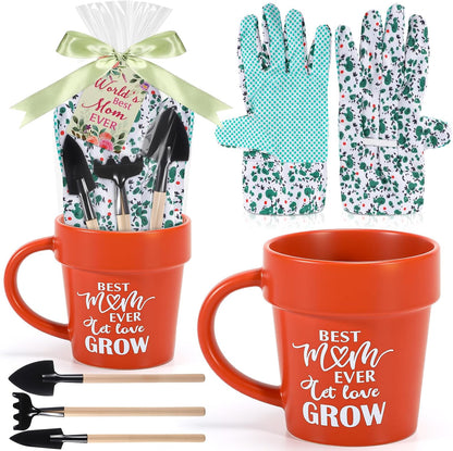 Gardening Gifts for Women Plant Coffee Mug Gardening Tools Kit with Hand Fork Trowel Gloves Birthday Gift Spring Stuffers White Elephant Gifts for Adults Mom Plant Lovers Women