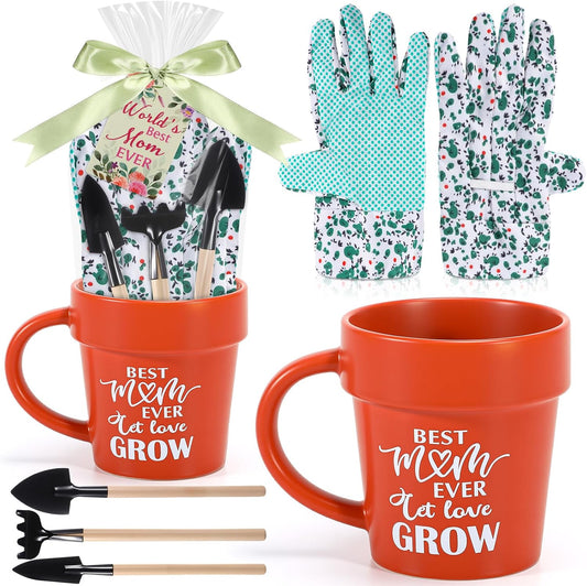 Gardening Gifts for Women Plant Coffee Mug Gardening Tools Kit with Hand Fork Trowel Gloves Birthday Gift Spring Stuffers White Elephant Gifts for Adults Mom Plant Lovers Women