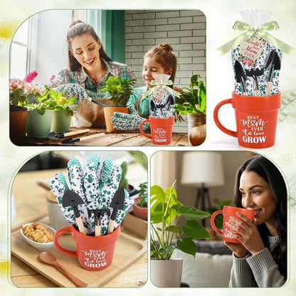 Gardening Gifts for Women Plant Coffee Mug Gardening Tools Kit with Hand Fork Trowel Gloves Birthday Gift Spring Stuffers White Elephant Gifts for Adults Mom Plant Lovers Women