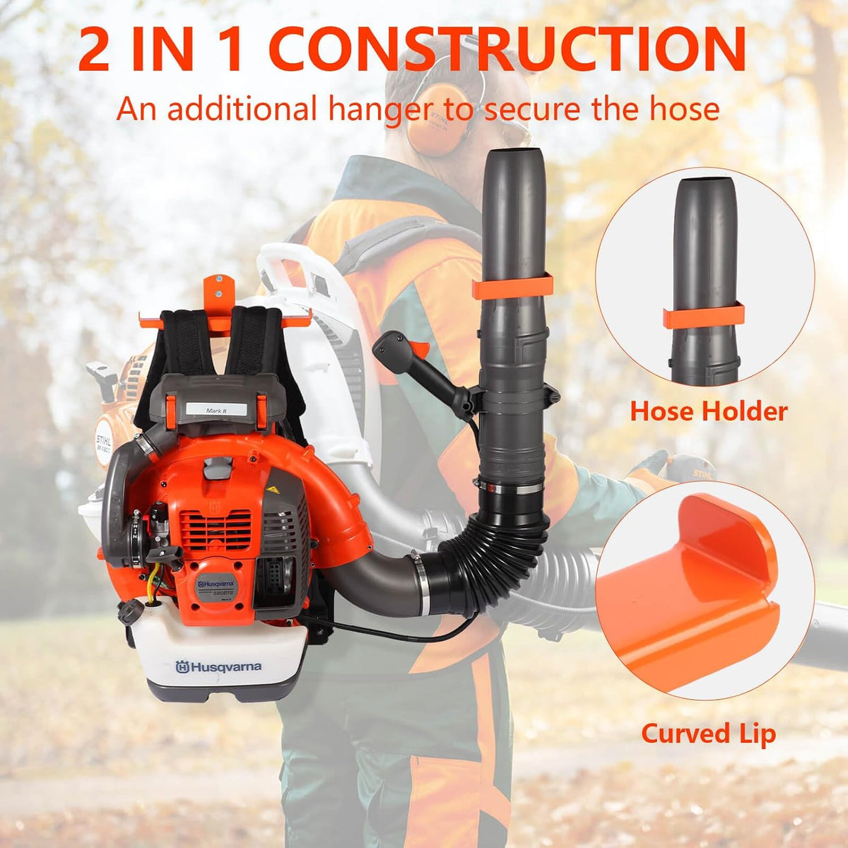 Backpack Blower Rack with Hose Holder - Heavy Duty Backpack Sprayer Wall Mount with Dual-Sided Hooks, Space-Saving Backpack Hanger for Weed Eater, Hedge Trimmer and Chain Saw, 330lbs Load Capacity