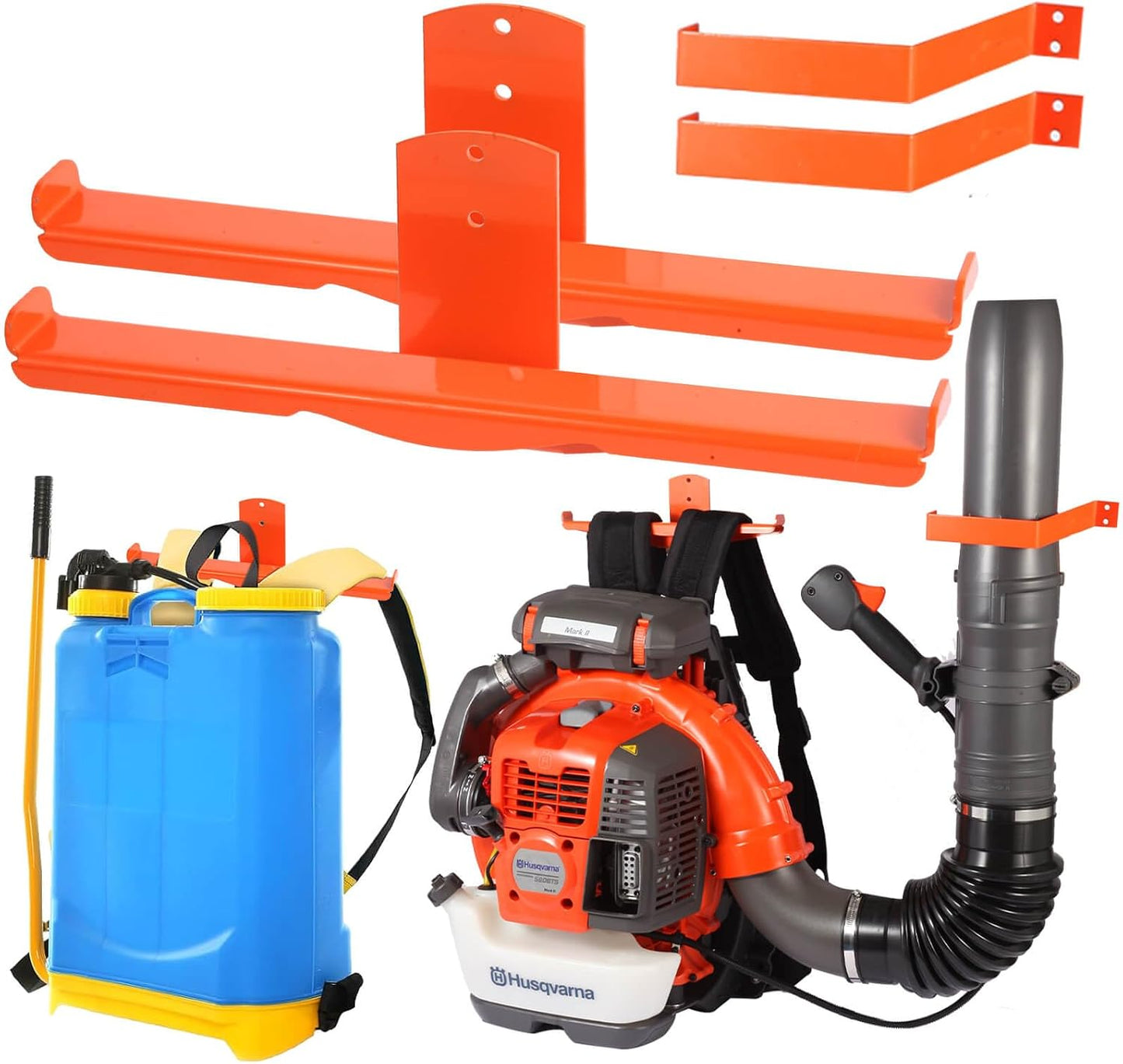 Backpack Blower Rack with Hose Holder - Heavy Duty Backpack Sprayer Wall Mount with Dual-Sided Hooks, Space-Saving Backpack Hanger for Weed Eater, Hedge Trimmer and Chain Saw, 330lbs Load Capacity