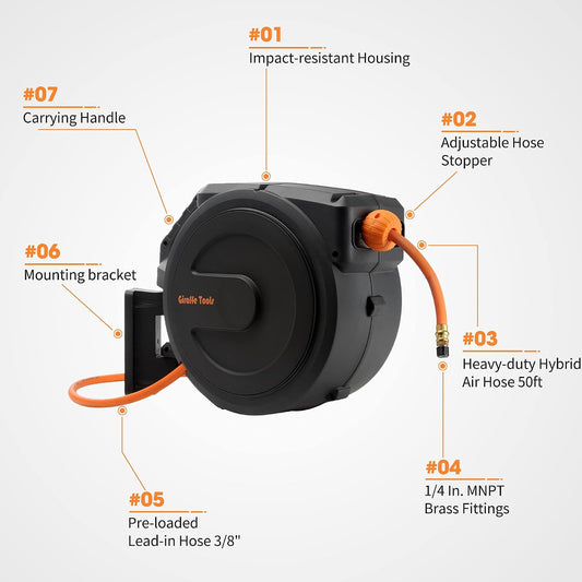 Retractable Air Hose Reel Enclosed with 3/8" x 50 ft, 300 PSI